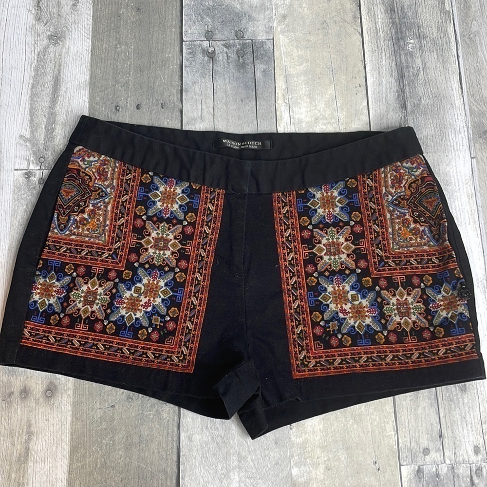 MAISON Scotch/Scotch & Soda black shorts with multicolored tapestry like design.